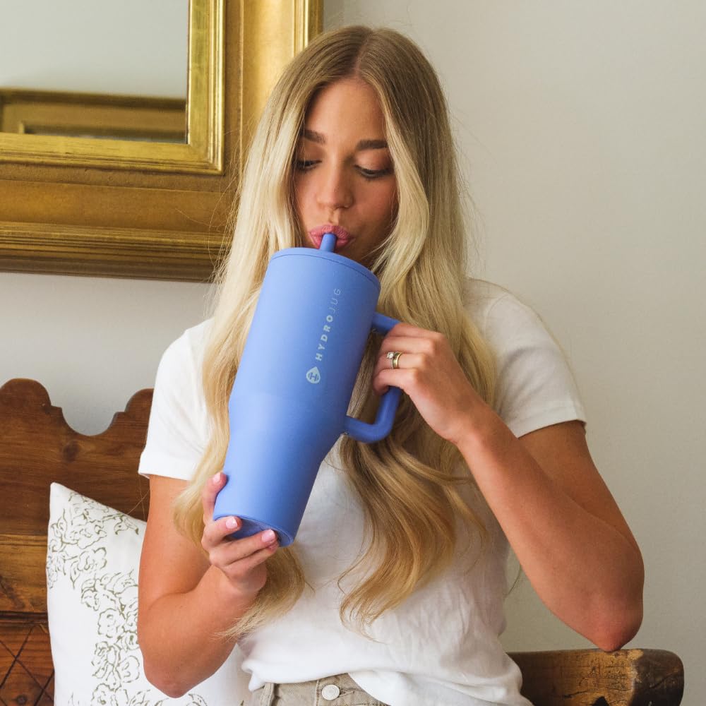 HydroJug Traveler - 40 oz Water Bottle with Handle & Flip Straw - Fits in Cup Holder, Leak Resistant Tumbler-Reusable Insulated Stainless Steel & Rubber Base - Gifts for Women & Men, Cape Cod