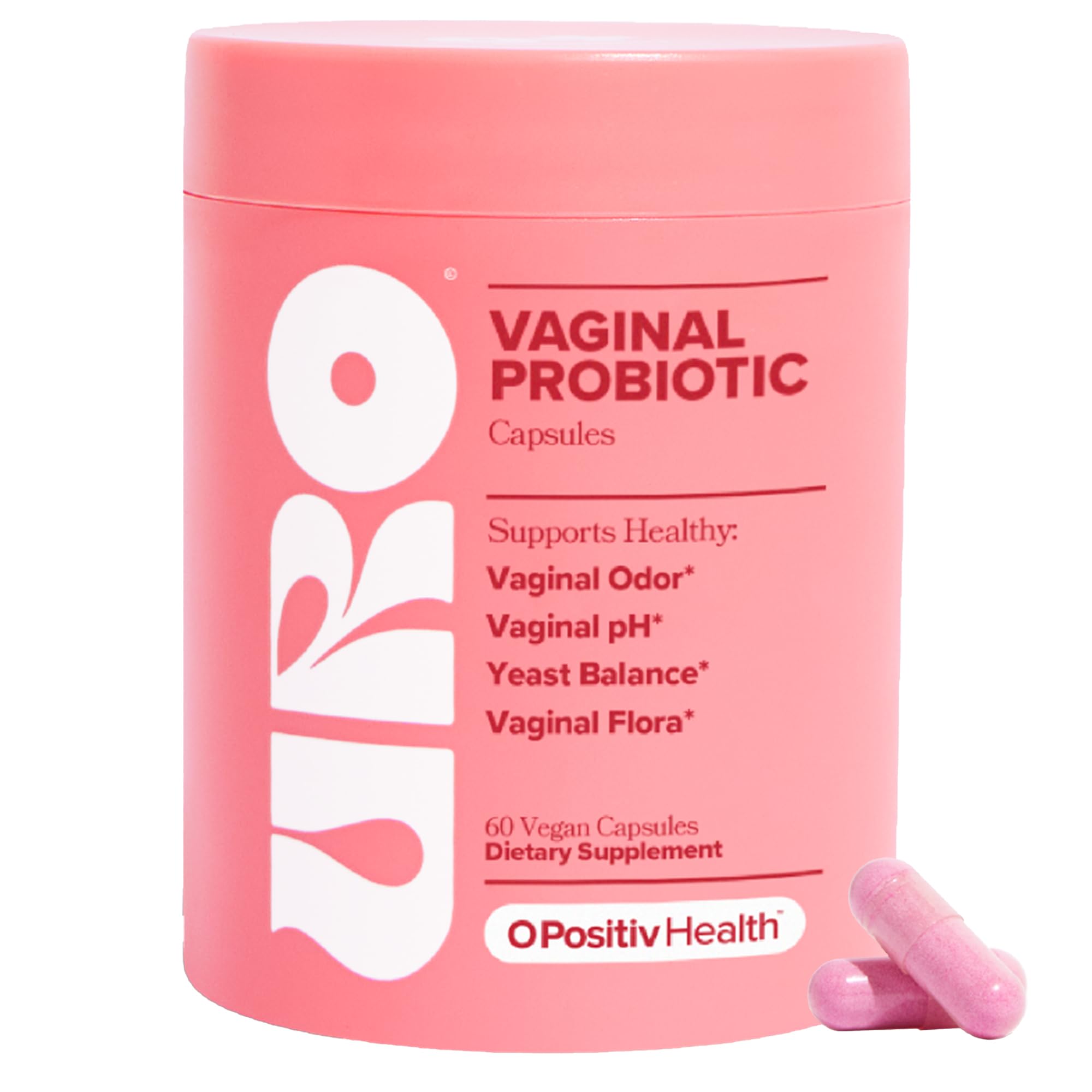 O Positiv URO Vaginal Probiotics for Women pH balance supplement 60 count | O Positiv URO Vaginal Probiotics with Lactobacillus probiotic blend capsules | O Positiv URO Vaginal Probiotics for Women bottle and packaging front view | O Positiv URO Vaginal Probiotics for Women supplement side label details | O Positiv URO Vaginal Probiotics daily feminine health support dietary supplement | O Positiv URO Vaginal Probiotics for Women with prebiotics and probiotics