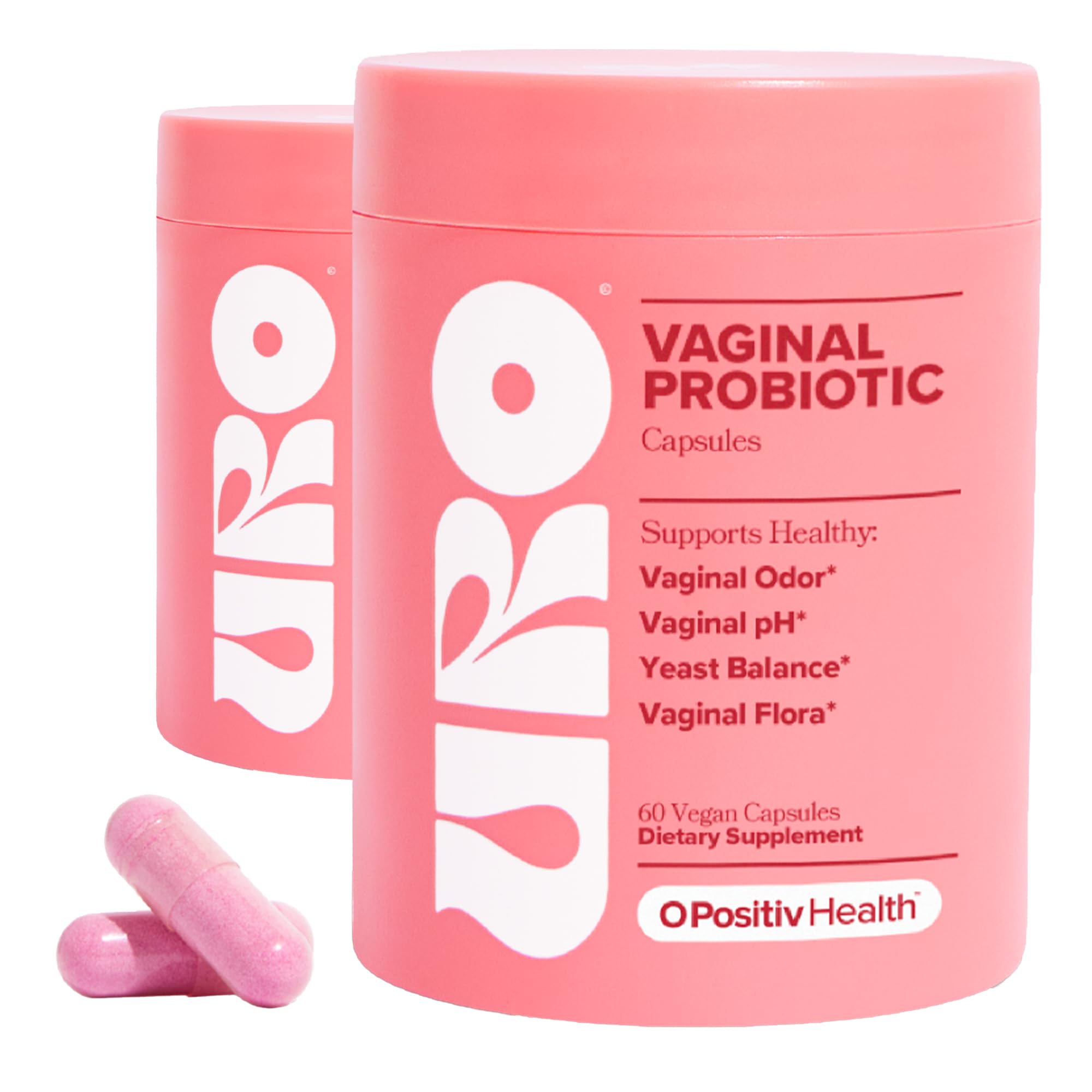 O Positiv URO Vaginal Probiotics for Women pH balance supplement 60 count | O Positiv URO Vaginal Probiotics with Lactobacillus probiotic blend capsules | O Positiv URO Vaginal Probiotics for Women bottle and packaging front view | O Positiv URO Vaginal Probiotics for Women supplement side label details | O Positiv URO Vaginal Probiotics daily feminine health support dietary supplement | O Positiv URO Vaginal Probiotics for Women with prebiotics and probiotics