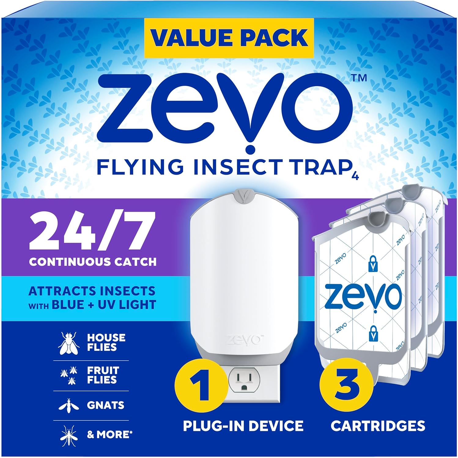 Zevo Flying Insect Trap & Cartridge - Plug in Fly Trap & Indoor Bug Catcher for Gnats, House & Fruit Flies - Mess-Free - Use in Any Room - Uses Blue & UV Light (1 Plug in Device & 1 Cartridge)