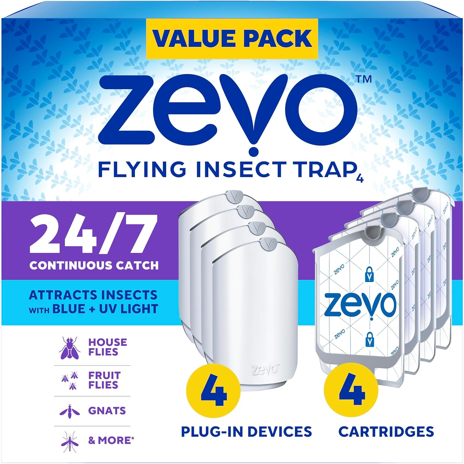 Zevo Flying Insect Trap & Cartridge - Plug in Fly Trap & Indoor Bug Catcher for Gnats, House & Fruit Flies - Mess-Free - Use in Any Room - Uses Blue & UV Light (1 Plug in Device & 1 Cartridge)