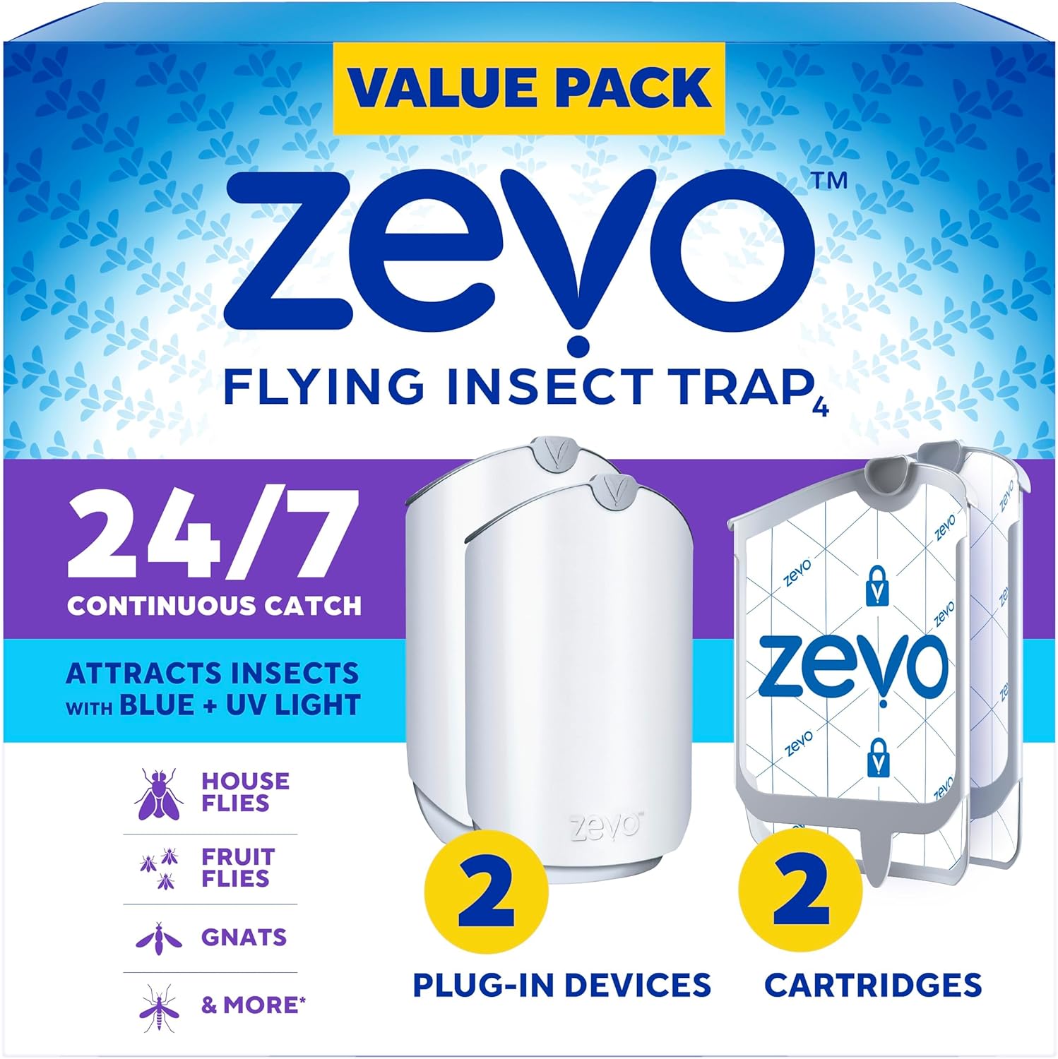Zevo Flying Insect Trap & Cartridge - Plug in Fly Trap & Indoor Bug Catcher for Gnats, House & Fruit Flies - Mess-Free - Use in Any Room - Uses Blue & UV Light (1 Plug in Device & 1 Cartridge)
